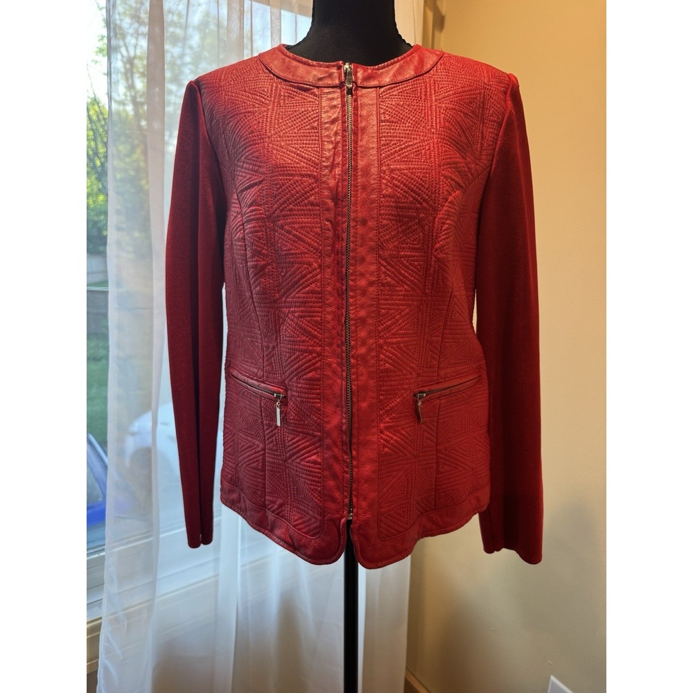 Nygaard Collection Red Leather Quilted Full Zip Lined Pocket Jacket Women's L